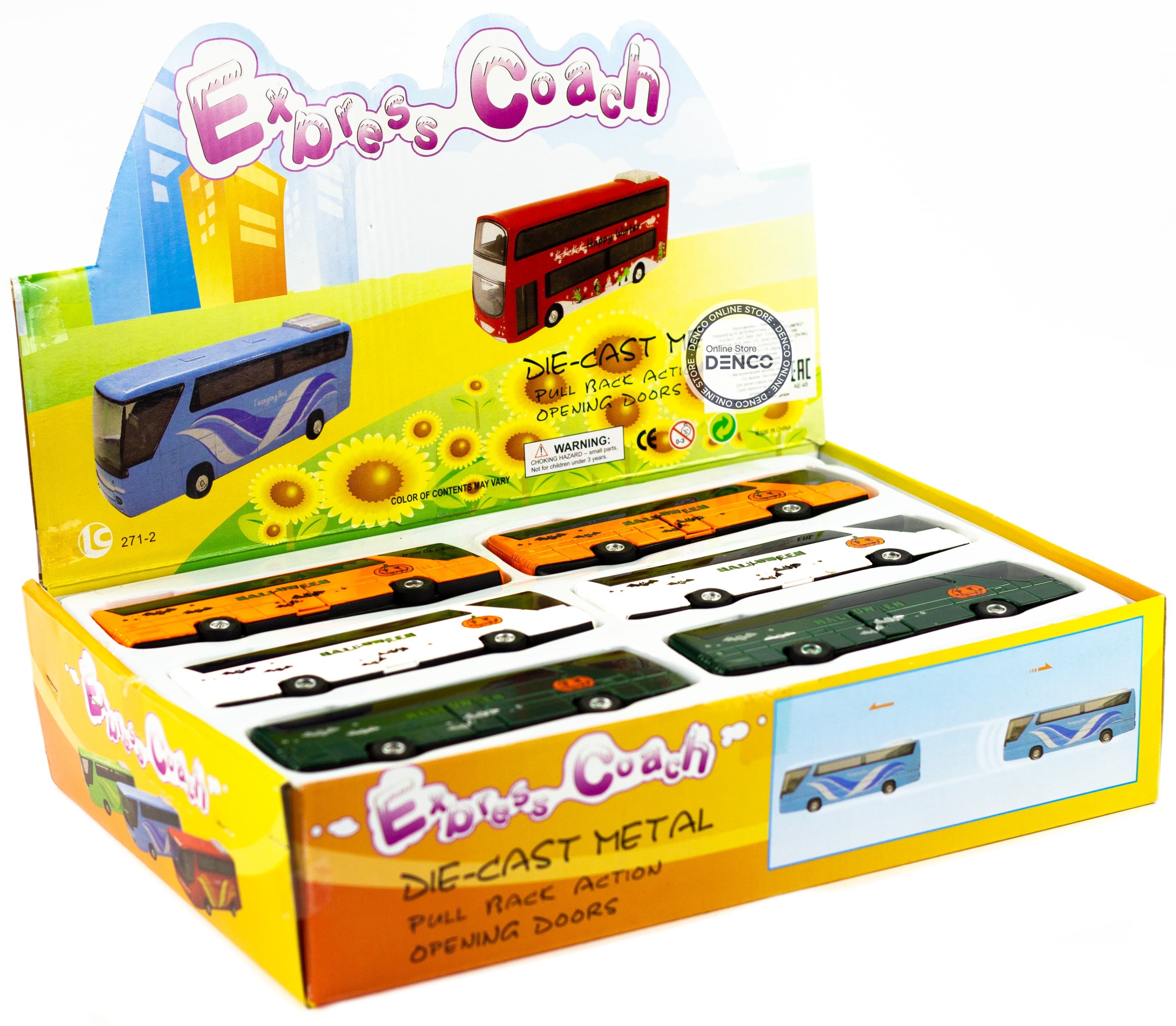 Машинка металлическая «Туристический автобус Halloween» 271CH, 14 см. инерционный, свет, звук / Оранжевый