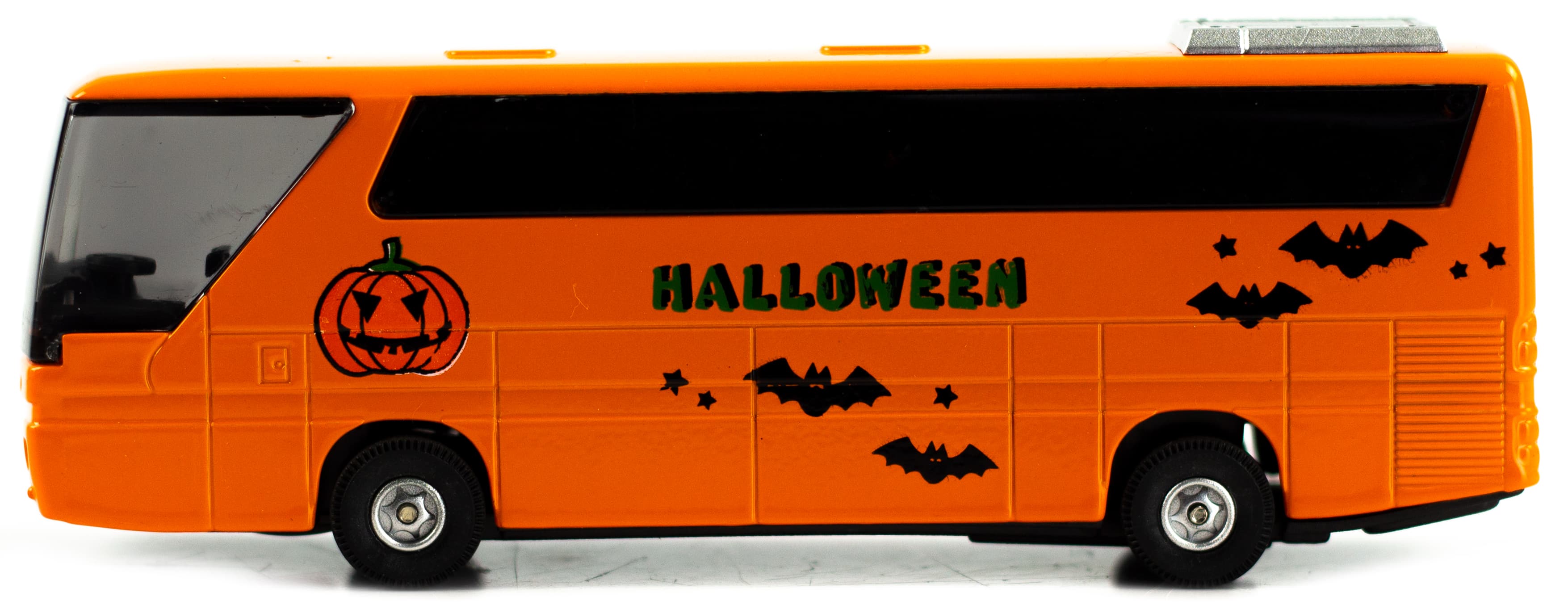 Машинка металлическая «Туристический автобус Halloween» 271CH, 14 см. инерционный, свет, звук / Оранжевый