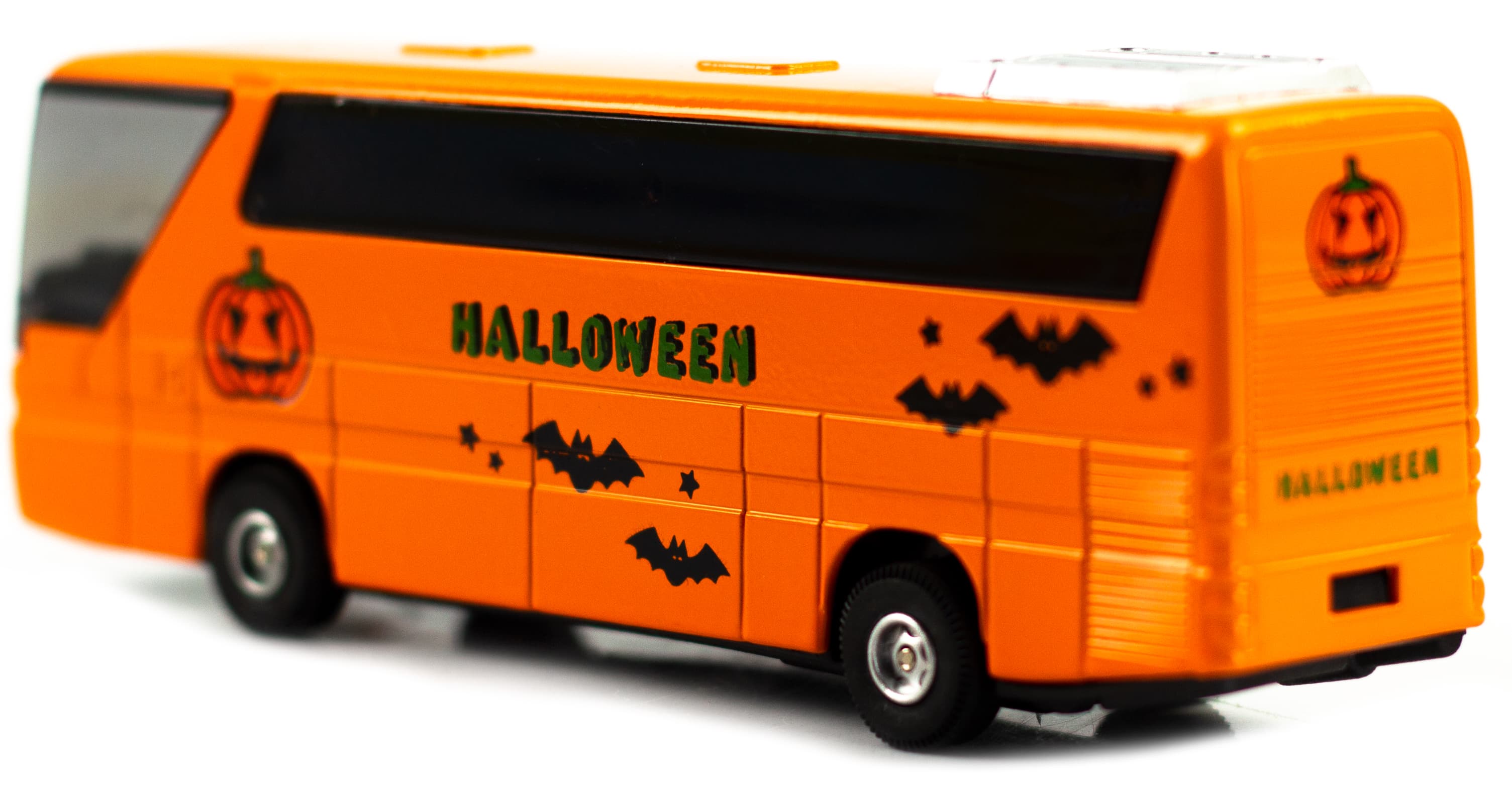 Машинка металлическая «Туристический автобус Halloween» 271CH, 14 см. инерционный, свет, звук / Оранжевый