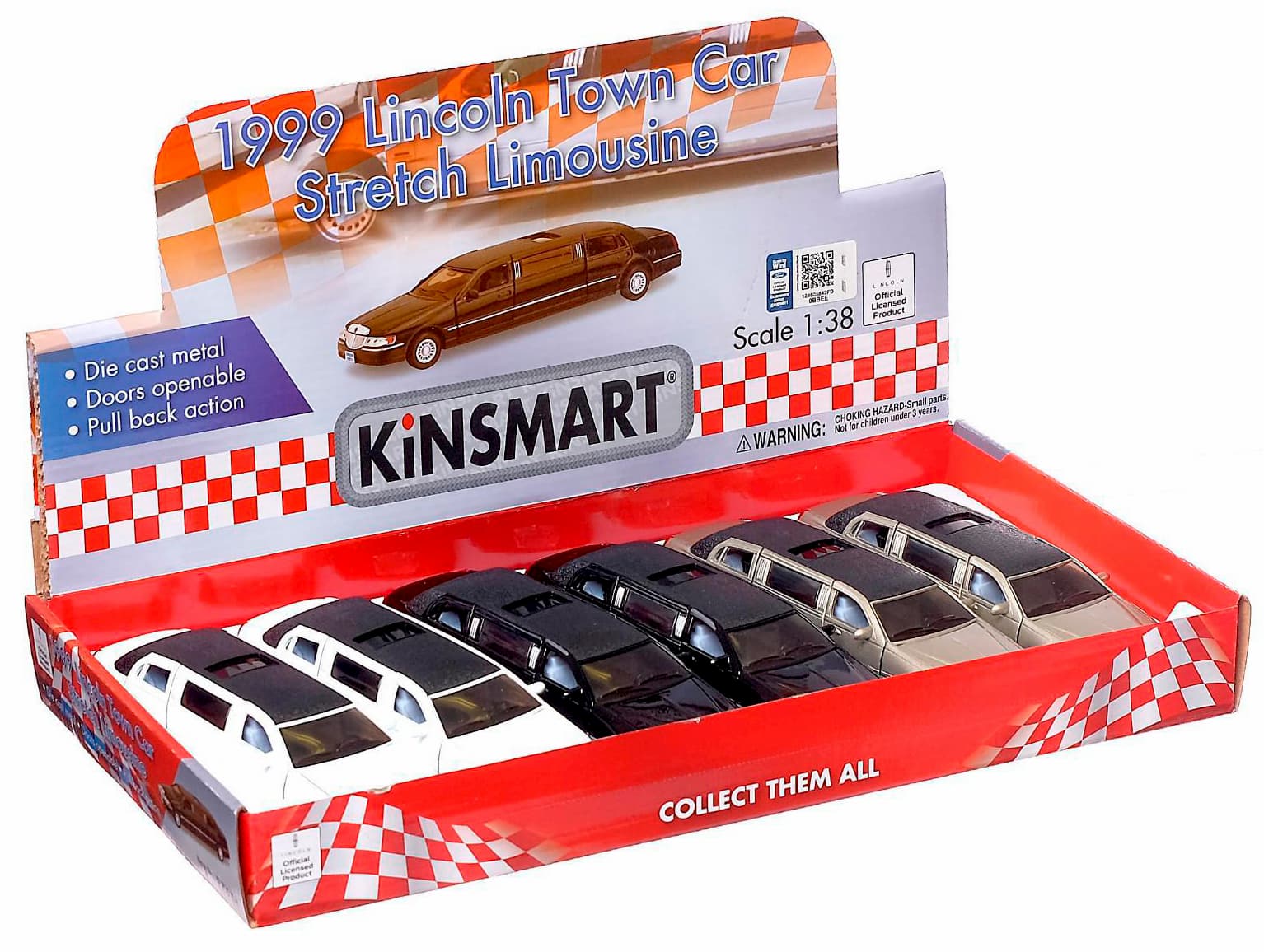 Металлическая машинка Kinsmart 1:38 «1999 Lincoln Town Car Stretch Limousine» KT7001DH / Белый