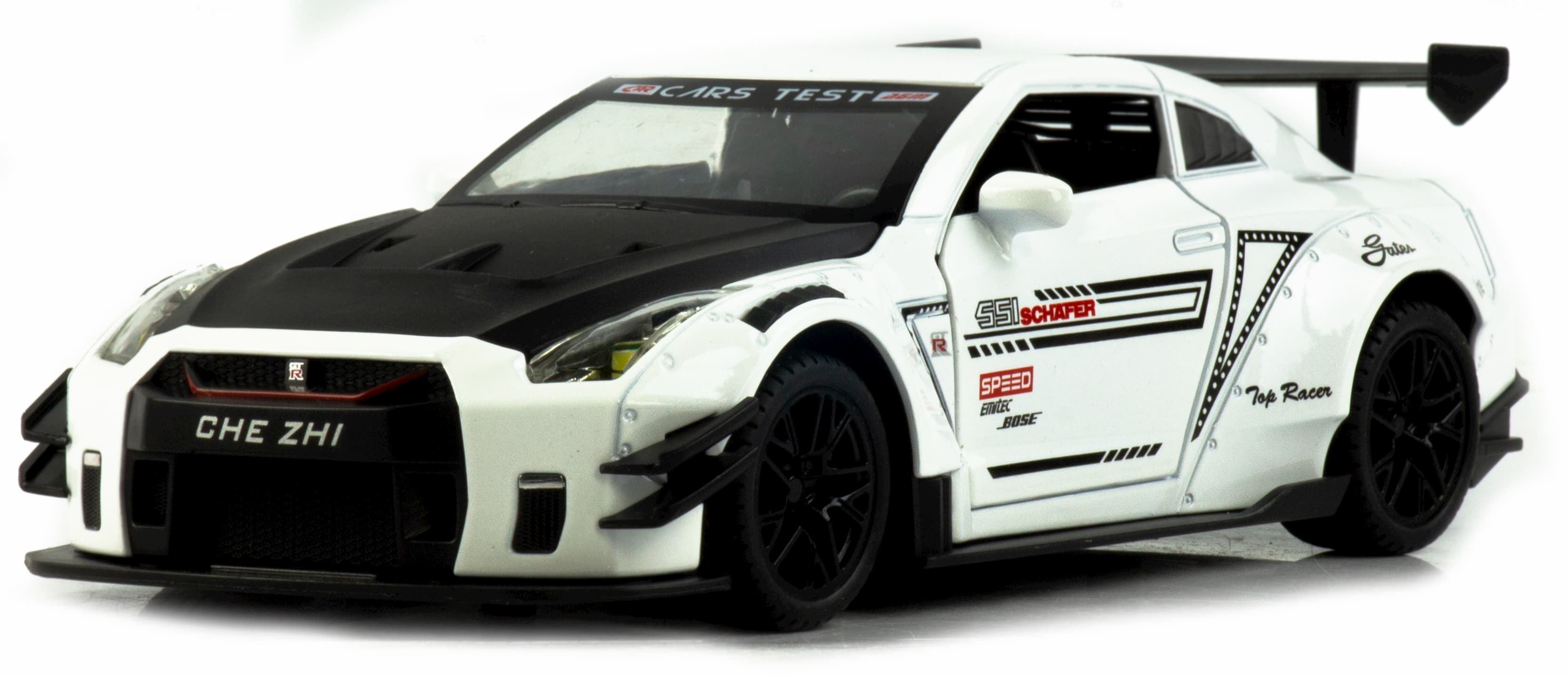 Металлическая машинка Che Zhi 1:24 «Nissan GT-R Nismo» CZ128B, 20.8 см., инерционная, свет, звук в коробке / Микс