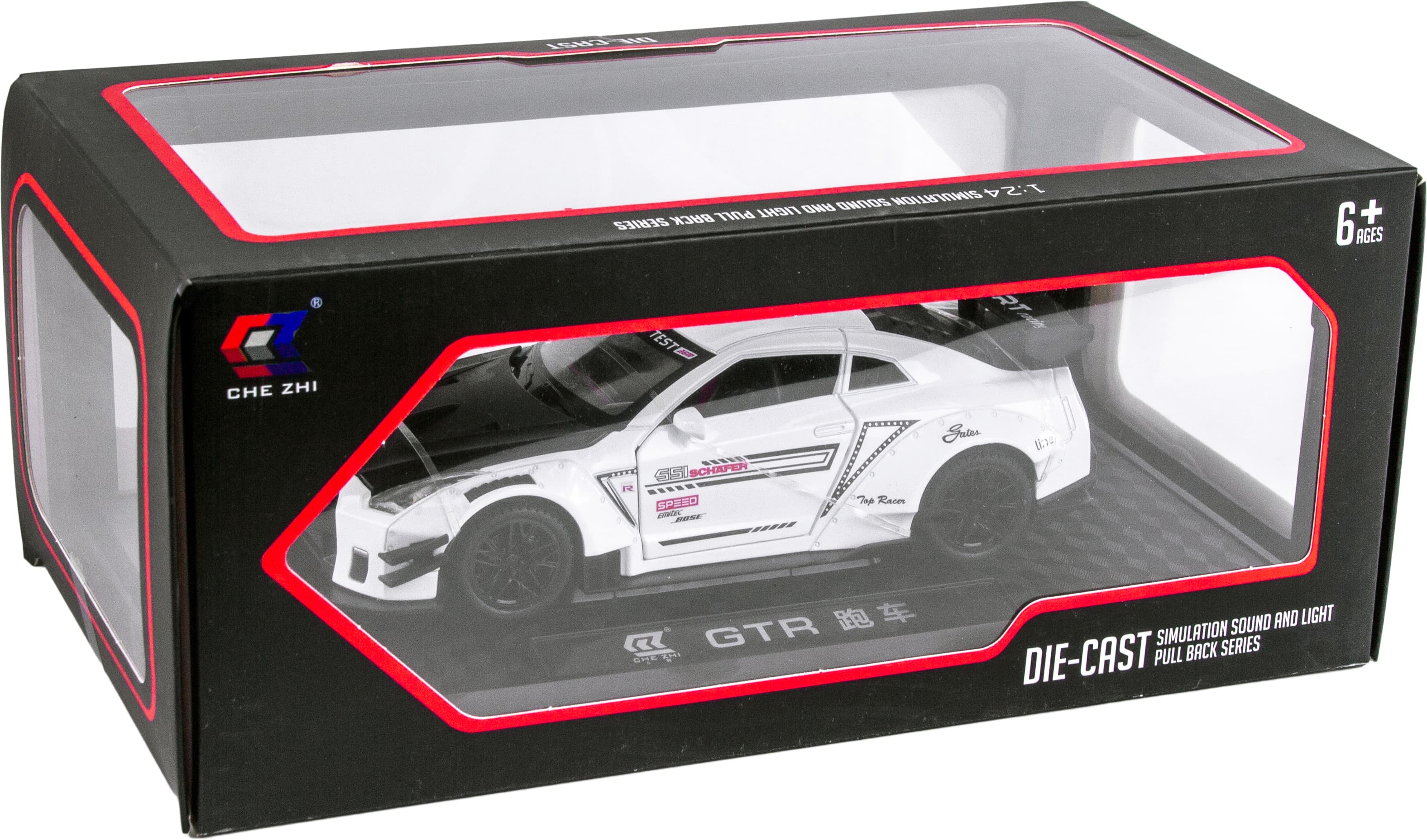 Металлическая машинка Che Zhi 1:24 «Nissan GT-R Nismo» CZ128B, 20.8 см., инерционная, свет, звук в коробке / Микс