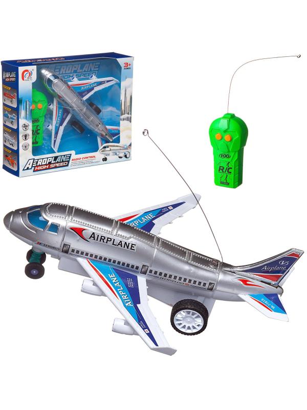 Самолет Junfa Истребитель с двух канальным пультом управления, серебристый, 22,5х18,5х9,5см на батарейках