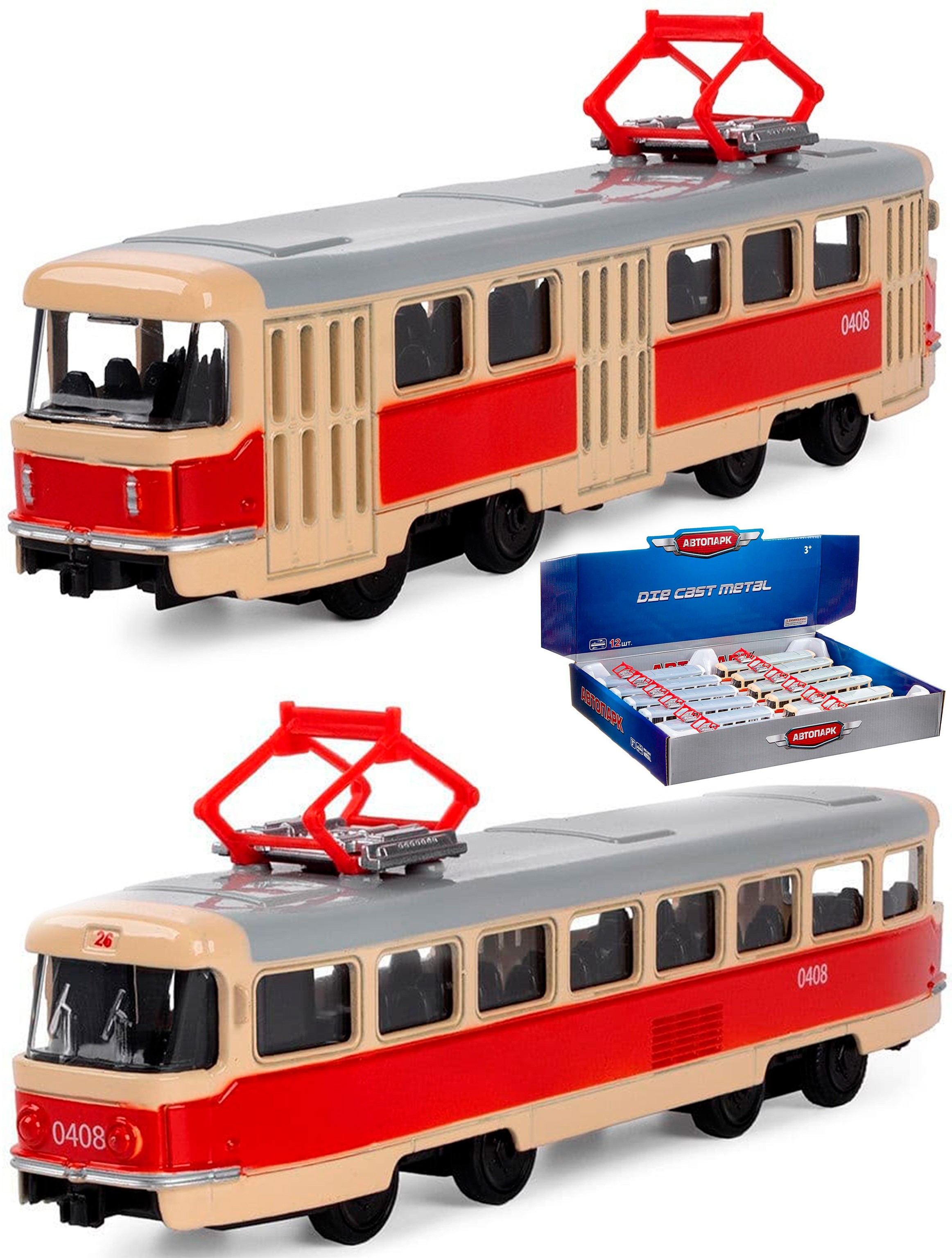 Трамвай металлический Play Smart 1:87 «Tatra T3SU» 16 см. 6551 Автопарк, инерционный / Красно-бежевый