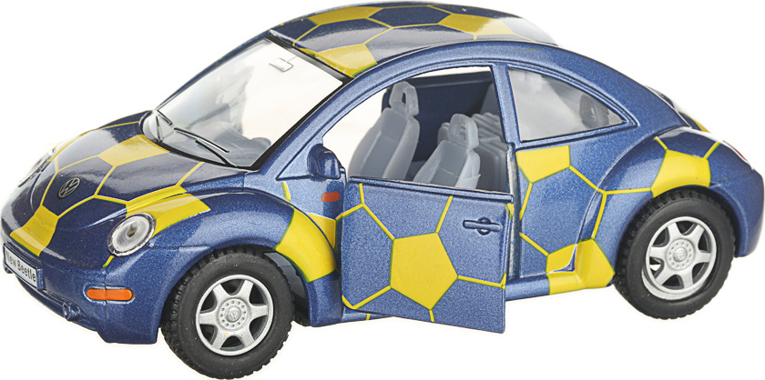 Машинка металлическая Kinsmart 1:32 «Volkswagen New Beetle Soccer» KT5028DR, инерционная / Сине-желтый