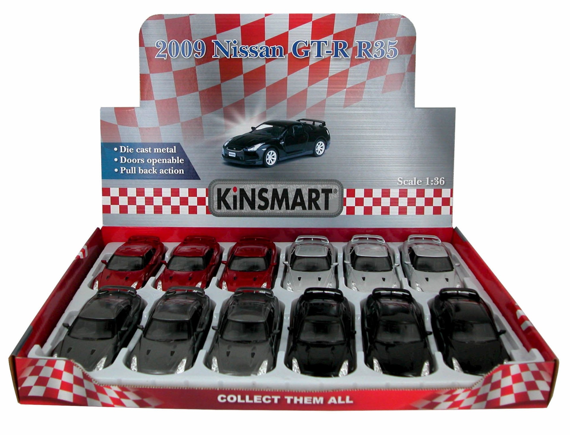 Металлическая машинка Kinsmart 1:36 «2009 Nissan GT-R R35» KT5340D инерционная / Светло-серый