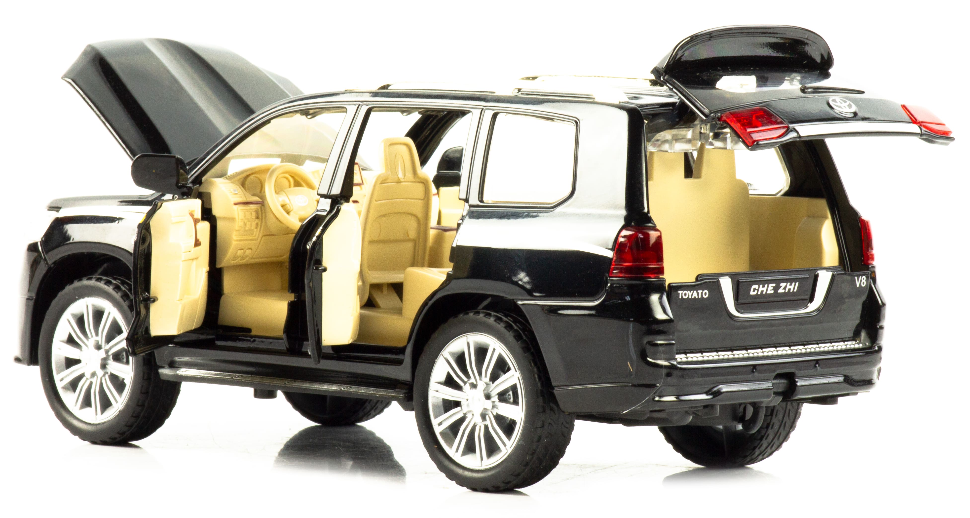 Металлическая машинка Che Zhi 1:24 «Toyota Land Cruiser 200» CZ123A, 20.2 см., инерционная, свет, звук / Черный