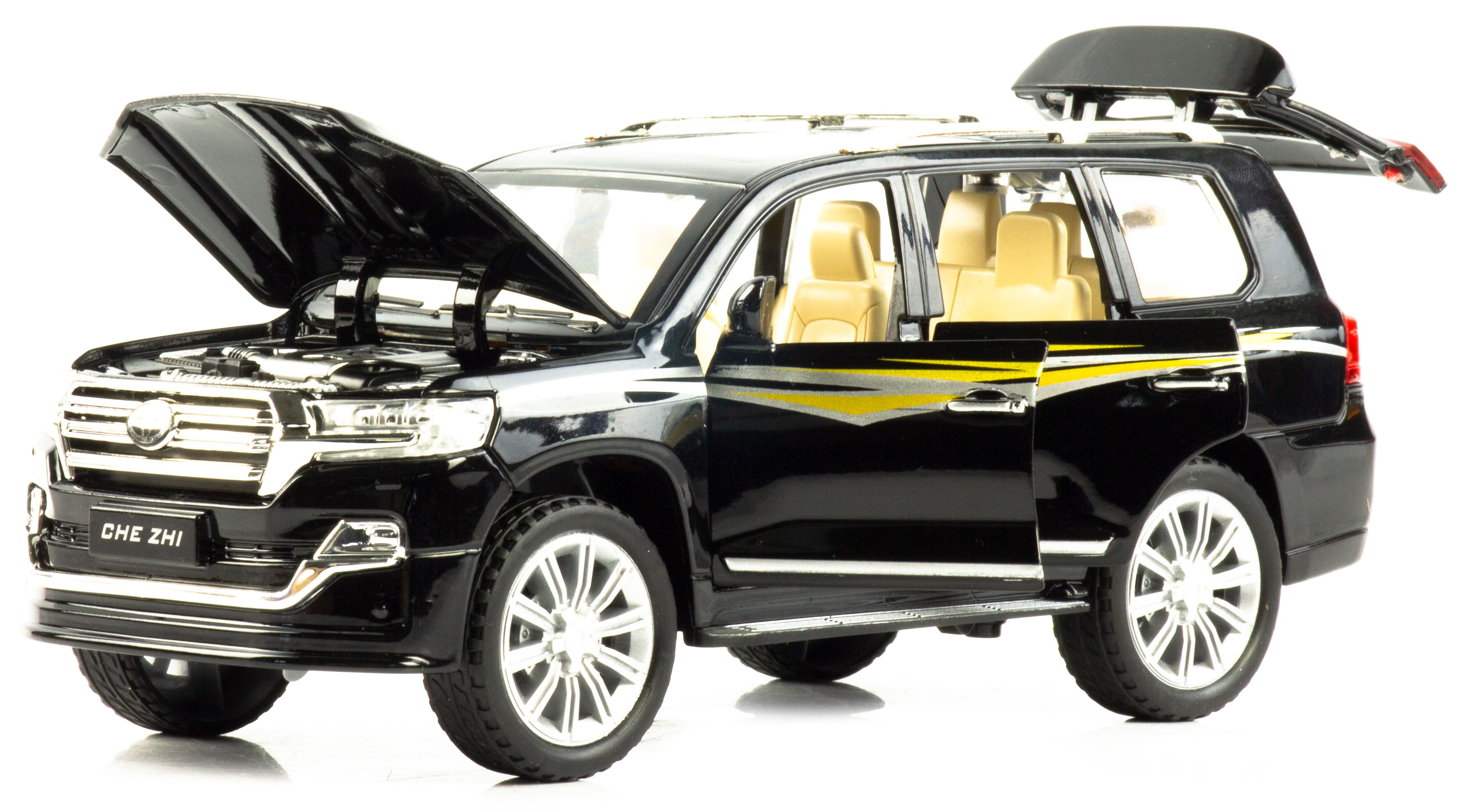 Металлическая машинка Che Zhi 1:24 «Toyota Land Cruiser 200» CZ123A, 20.2 см., инерционная, свет, звук / Черный