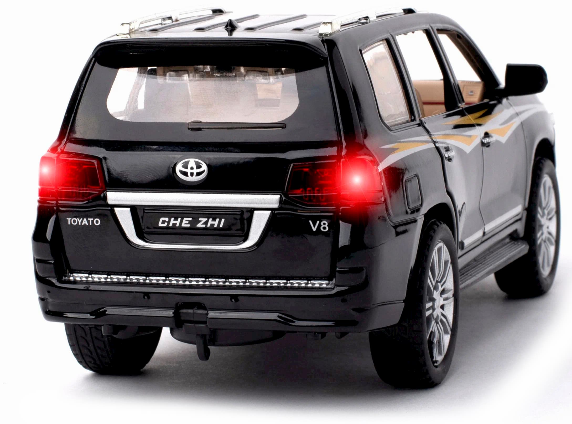 Металлическая машинка Che Zhi 1:24 «Toyota Land Cruiser 200» CZ123A, 20.2 см., инерционная, свет, звук / Черный
