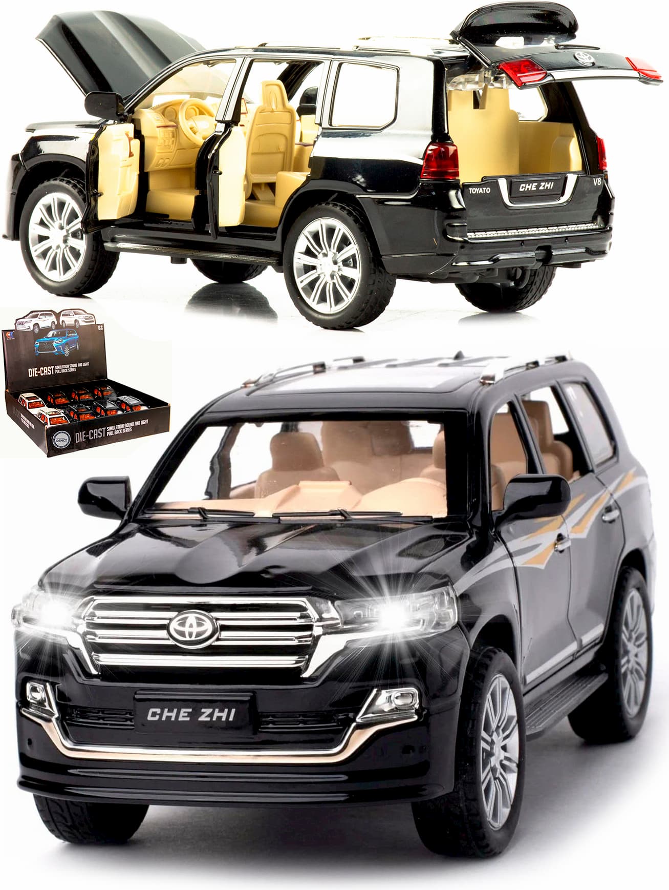 Металлическая машинка Che Zhi 1:24 «Toyota Land Cruiser 200» CZ123A, 20.2 см., инерционная, свет, звук / Черный