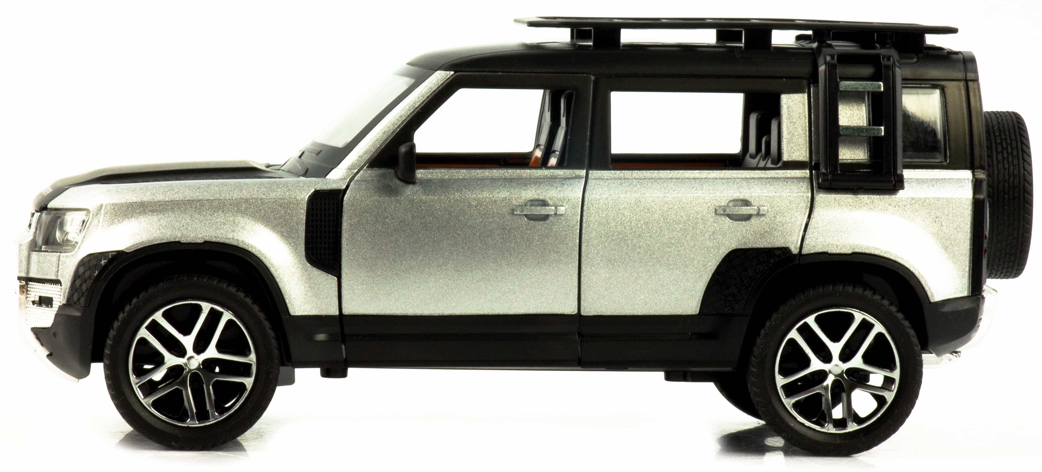 Металлическая машинка Che Zhi 1:24 «Land Rover Defender Wilderness» CZ132A, 21 см., инерционная, свет, звук / Серебристый
