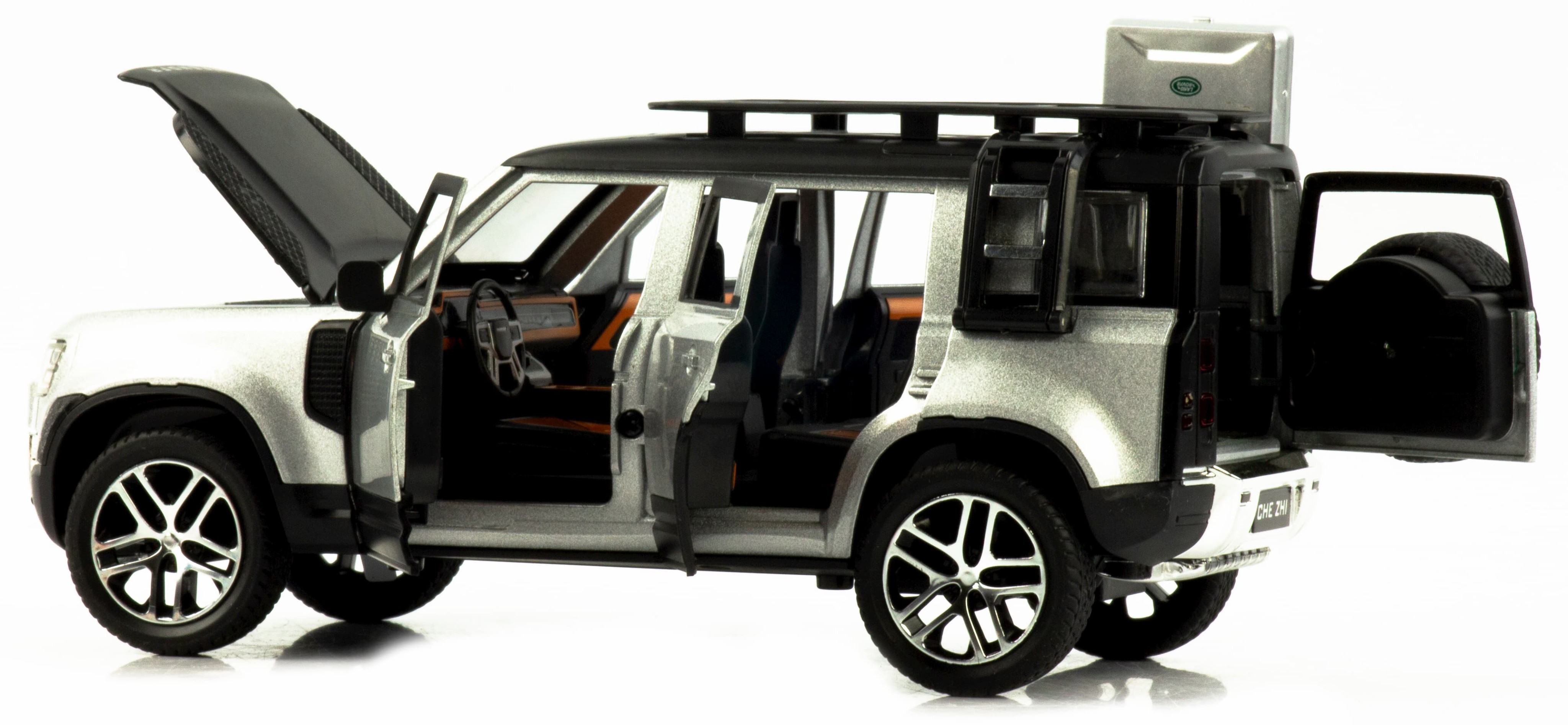 Металлическая машинка Che Zhi 1:24 «Land Rover Defender Wilderness» CZ132A, 21 см., инерционная, свет, звук / Серебристый