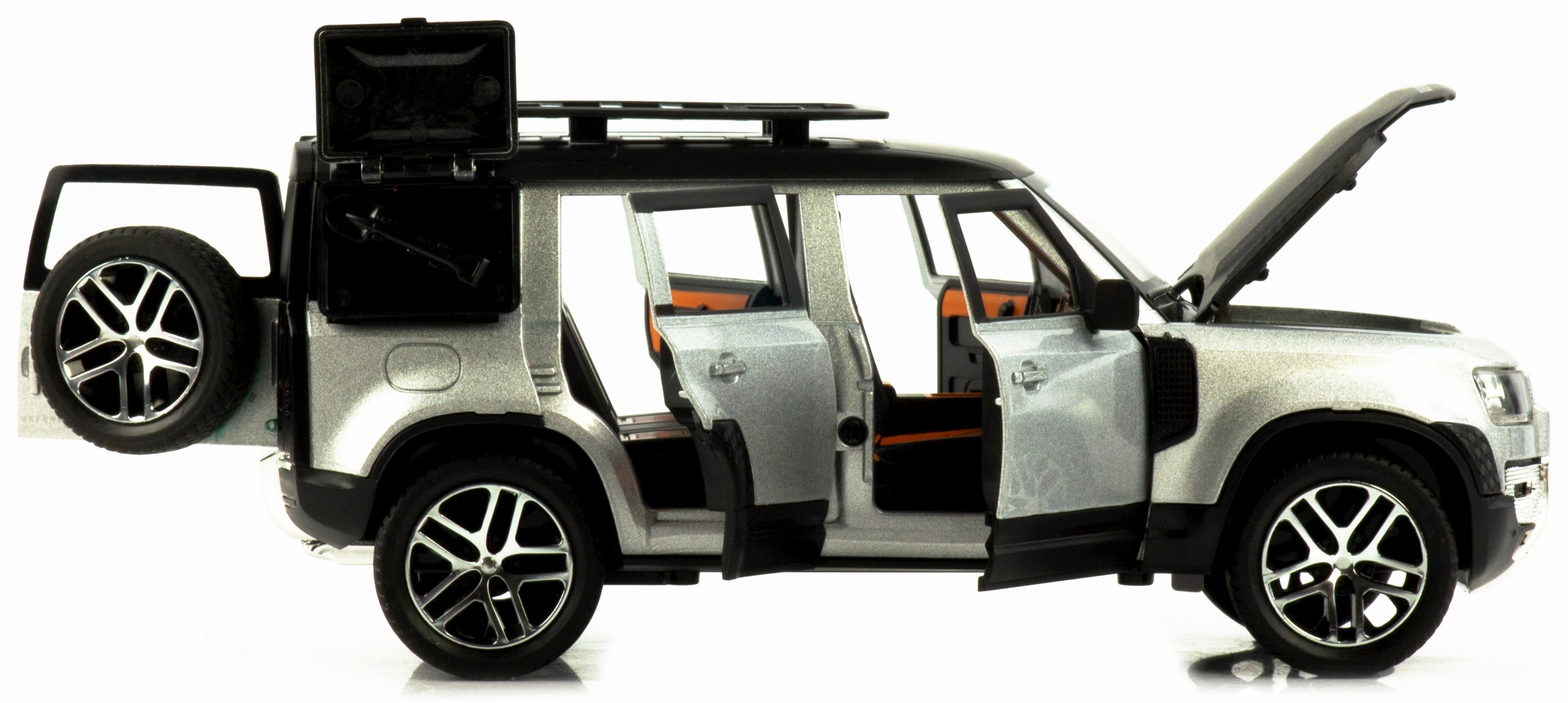 Металлическая машинка Che Zhi 1:24 «Land Rover Defender Wilderness» CZ132A, 21 см., инерционная, свет, звук / Серебристый
