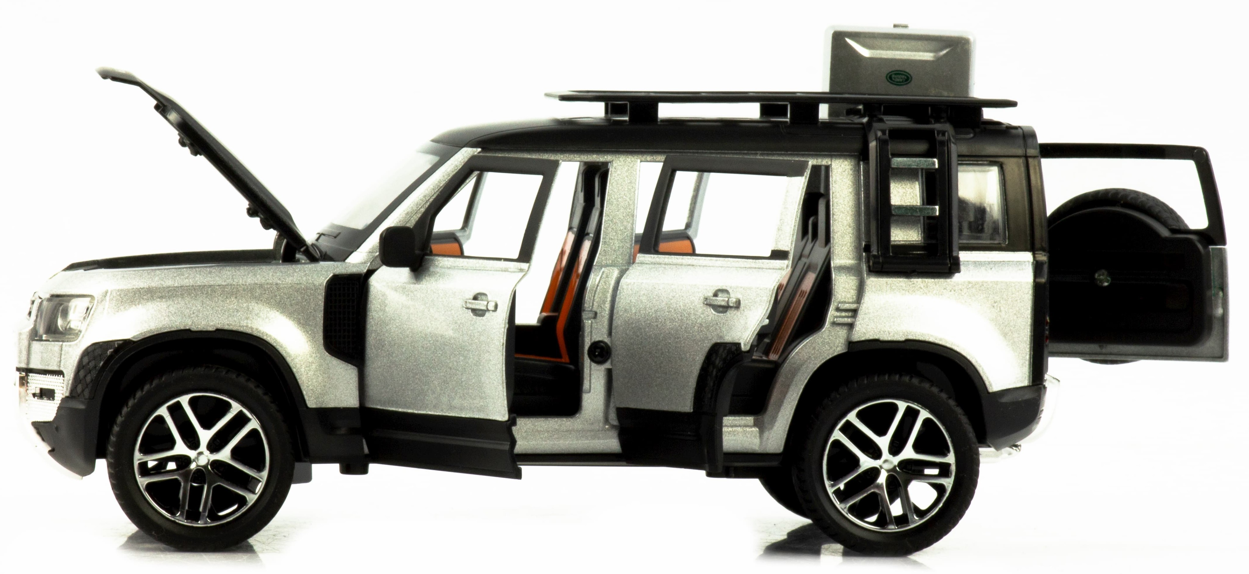 Металлическая машинка Che Zhi 1:24 «Land Rover Defender Wilderness» CZ132A, 21 см., инерционная, свет, звук / Серебристый