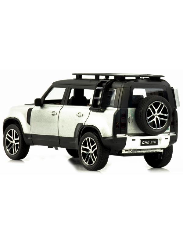 Металлическая машинка Che Zhi 1:24 «Land Rover Defender Wilderness» CZ132A, 21 см., инерционная, свет, звук / Серебристый