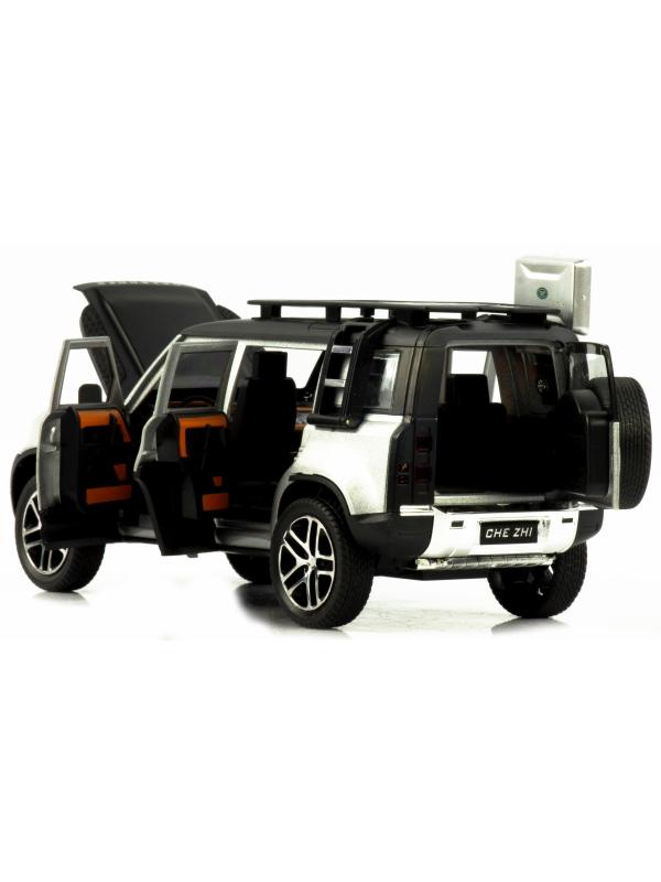 Металлическая машинка Che Zhi 1:24 «Land Rover Defender Wilderness» CZ132A, 21 см., инерционная, свет, звук / Серебристый