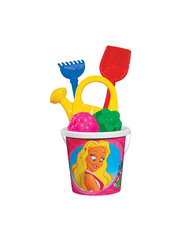Набор №124 (Ведро с наклейкой, лопатка №5,грабли №5, 2 формочки, лейка большая
