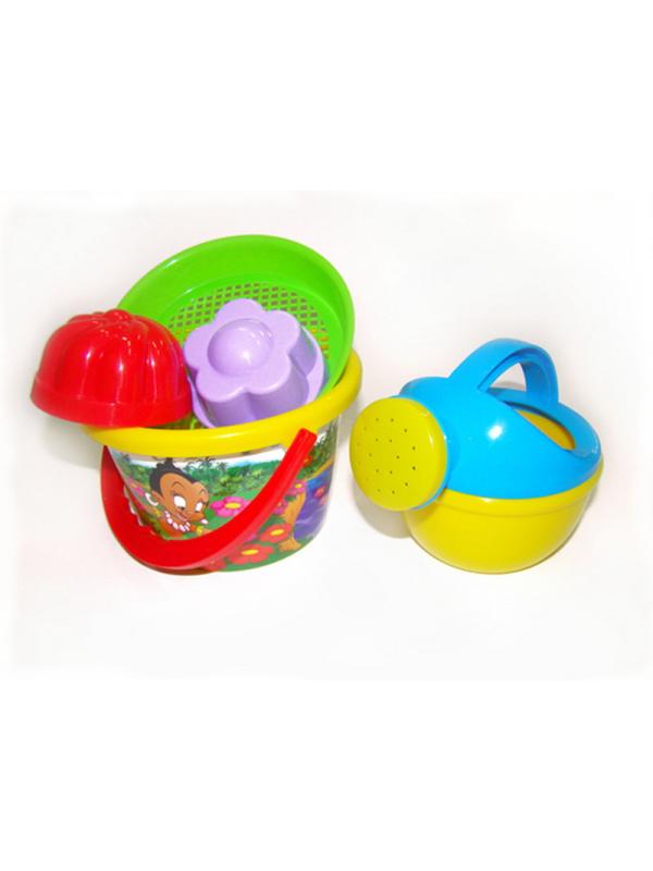 Набор №223: ведро среднее с наклейкой, ситечко, 2 формочки, лейка малая №4, 17х15,5х15 см.