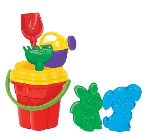 Набор №163 Ведро-цветок большое, ситечко-цветок большое, лопатка №5, грабли №5, 2 формочки (белка + песик), лейка малая №4, 22х20,5х31 см.
