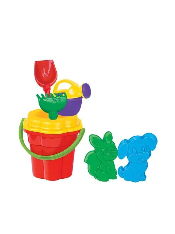 Набор №163 Ведро-цветок большое, ситечко-цветок большое, лопатка №5, грабли №5, 2 формочки (белка + песик), лейка малая №4, 22х20,5х31 см.