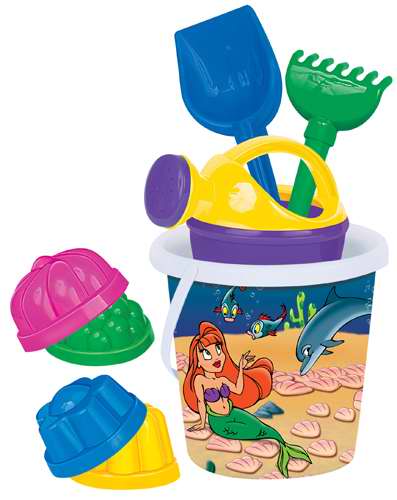 Набор №321 Ведро с наклейкой, лопатка №5, грабли №5 , 4 формочки, лейка малая №4, 17х17х23 см.