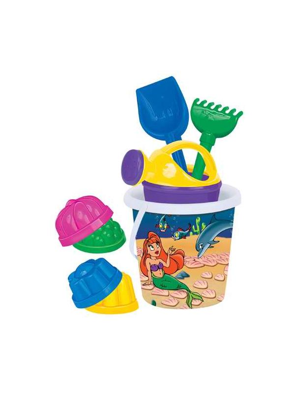 Набор №321 Ведро с наклейкой, лопатка №5, грабли №5 , 4 формочки, лейка малая №4, 17х17х23 см.