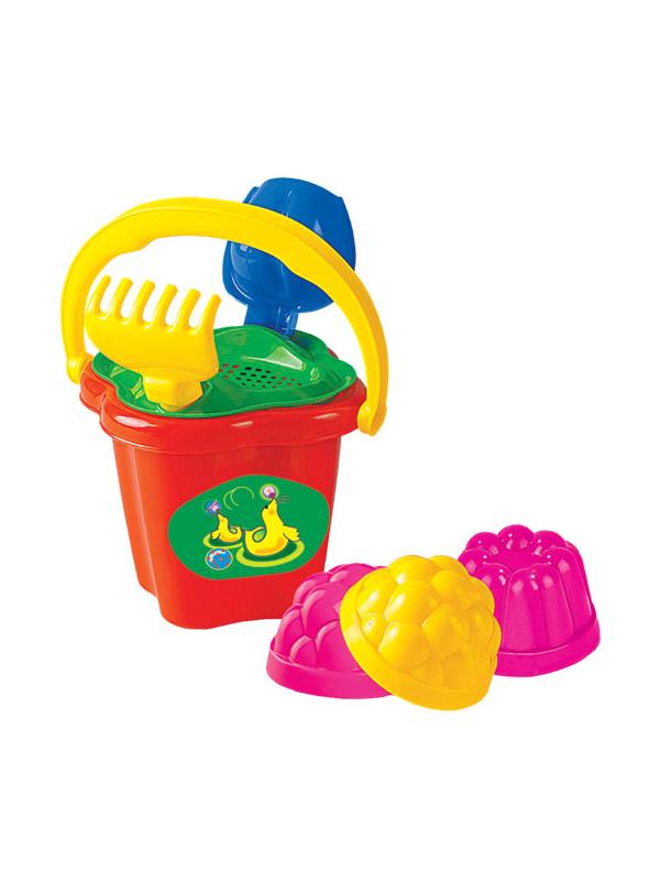 Набор №21: ведро-цветок среднее, ситечко-цветок, совок №2, грабельки №2, 3 формочки 12,5х12,5х19 см.