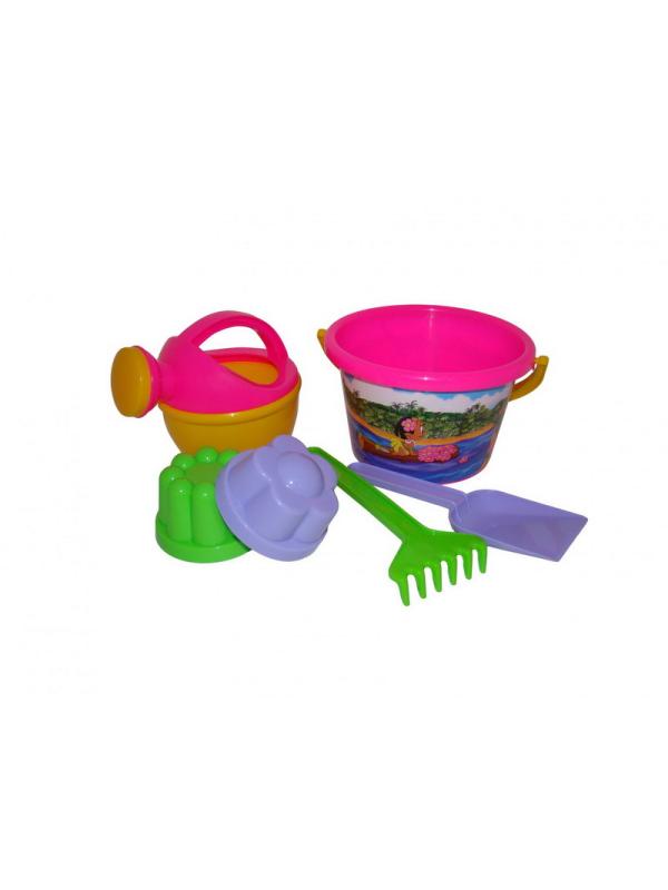 Набор №234: ведро среднее с наклейкой, лопатка, грабельки, 2 формочки, лейка малая №4, 18х15х15 см.