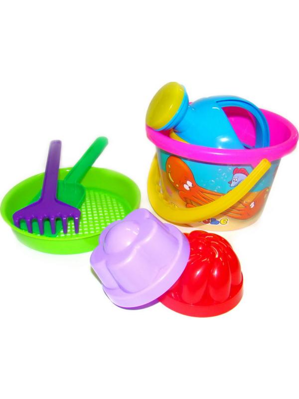 Набор №224: ведро среднее с наклейкой, ситечко, лопатка, грабельки, 2 формочки, лейка малая №4