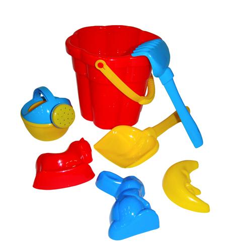Набор №317: ведро-цветок среднее №3, лопатка №5, грабельки №5, формочки (заяц + лошадка + месяц), лейка малая №3, 16х16х22,5 см.