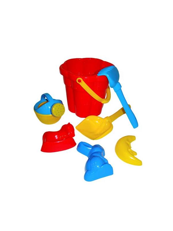 Набор №317: ведро-цветок среднее №3, лопатка №5, грабельки №5, формочки (заяц + лошадка + месяц), лейка малая №3, 16х16х22,5 см.