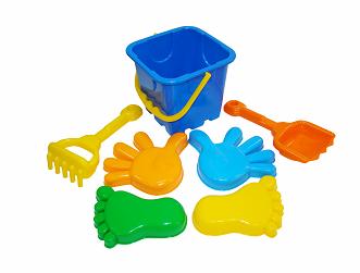 Набор №289: ведро-крепость большое, совок №8, грабельки №8, формочки (2 ладошки + 2 ножки) 15,8х15,8х24 см.