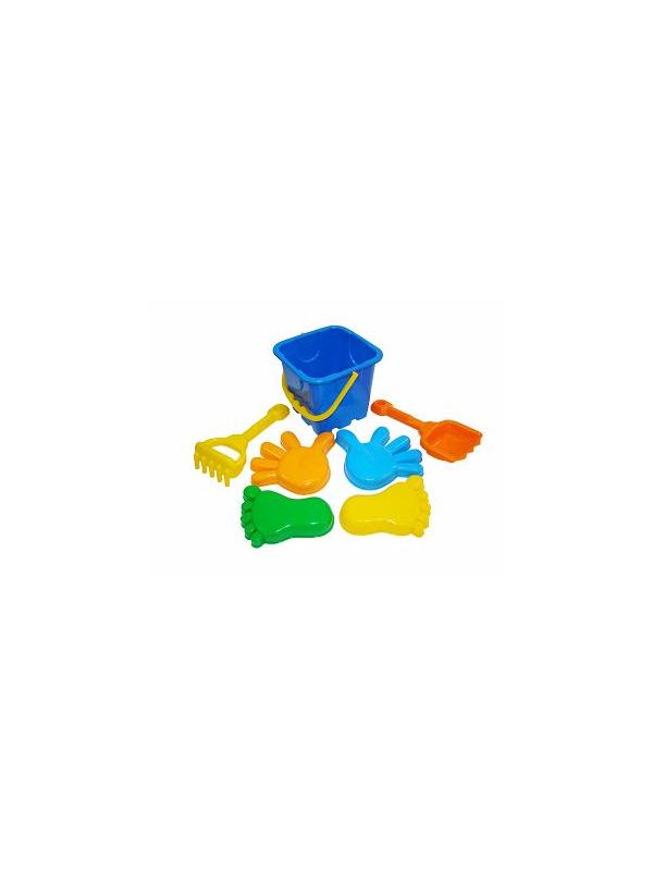 Набор №289: ведро-крепость большое, совок №8, грабельки №8, формочки (2 ладошки + 2 ножки) 15,8х15,8х24 см.