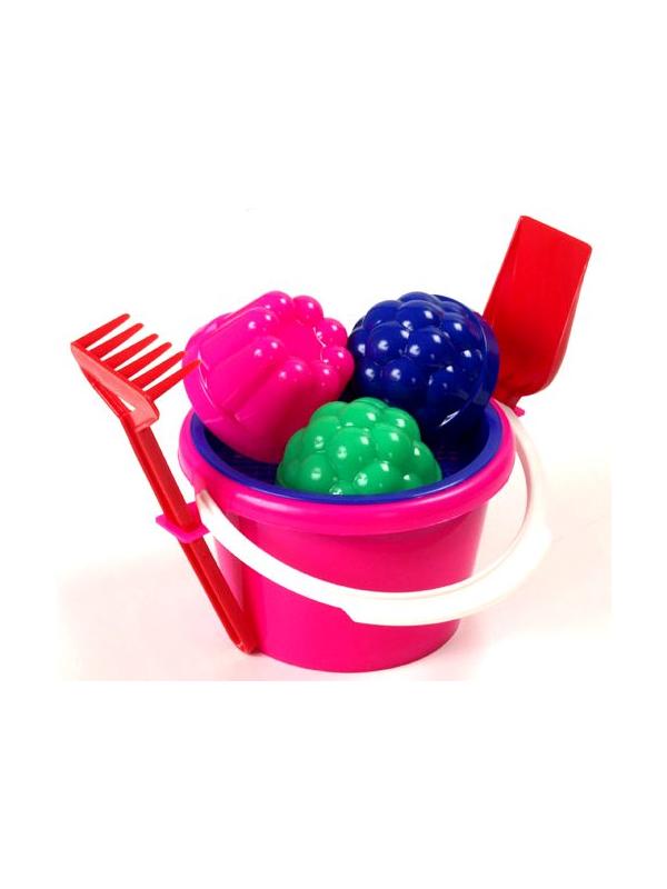 Набор №11: ведро среднее, ситечко, 3 формочки, лопатка, грабельки 18х15х10,5 см.