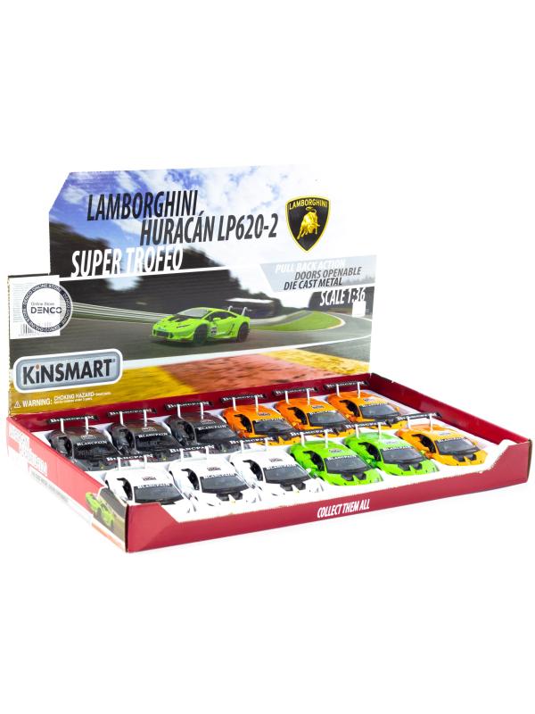 Металлическая машинка Kinsmart 1:36 «Lamborghini Huracan LP620-2 Super Trofeo» KT5389D, инерционная / Белый