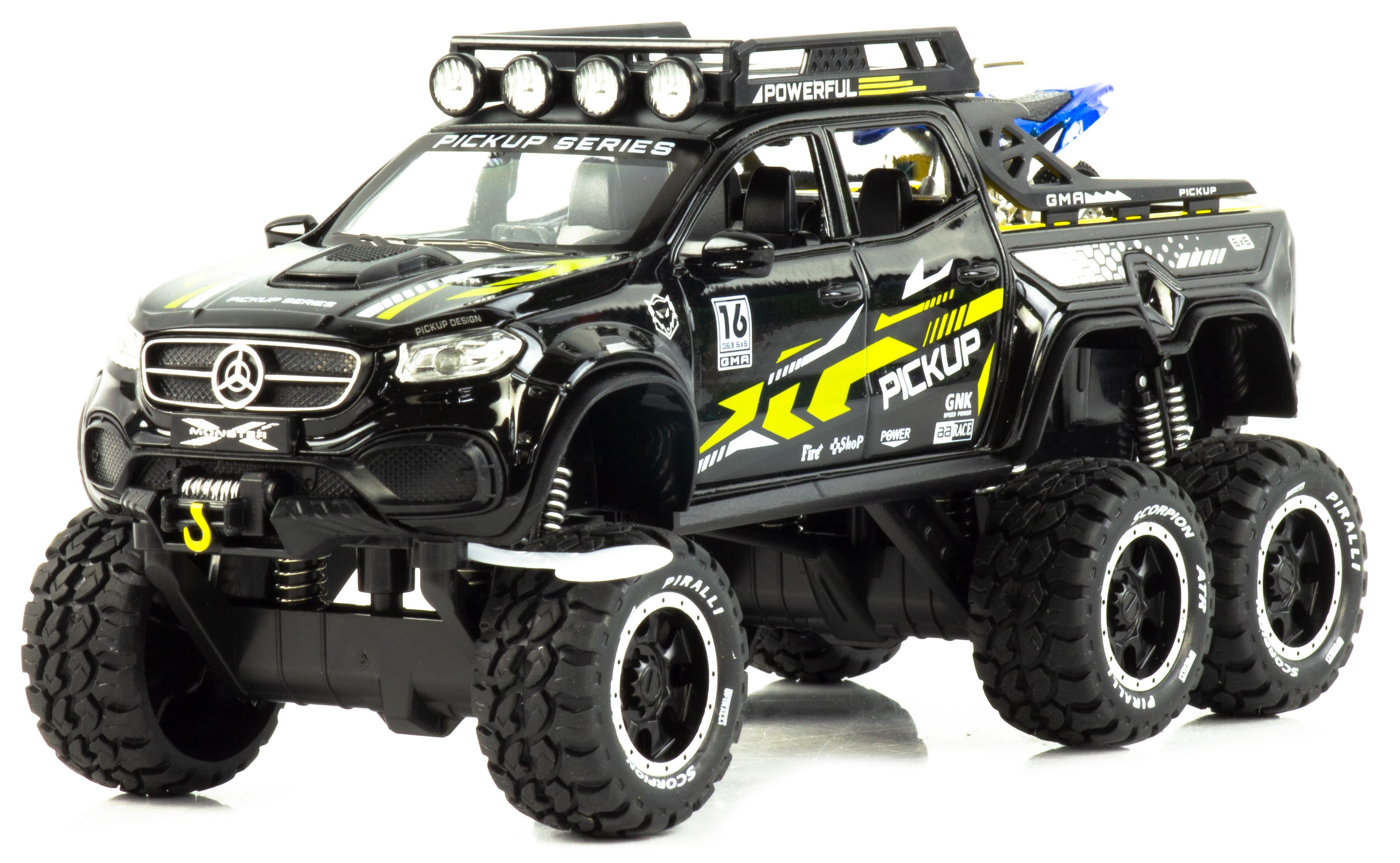 Металлическая машинка XHD 1:28 «Mercedes-Benz X-class 6x6 Off-Road с мотоциклом» B3207, 19 см. инерционная, свет, звук / Черный