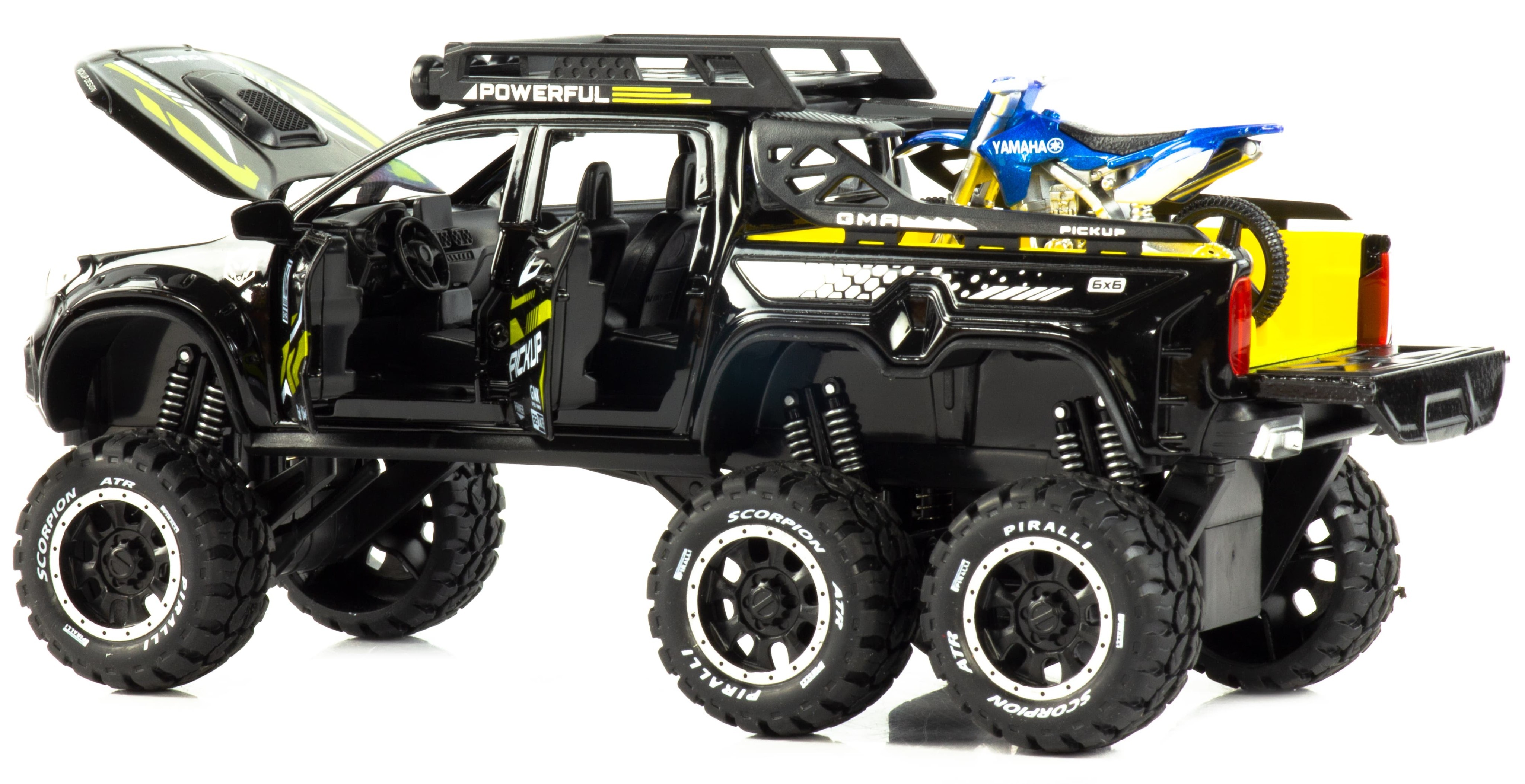 Металлическая машинка XHD 1:28 «Mercedes-Benz X-class 6x6 Off-Road с мотоциклом» B3207, 19 см. инерционная, свет, звук / Черный