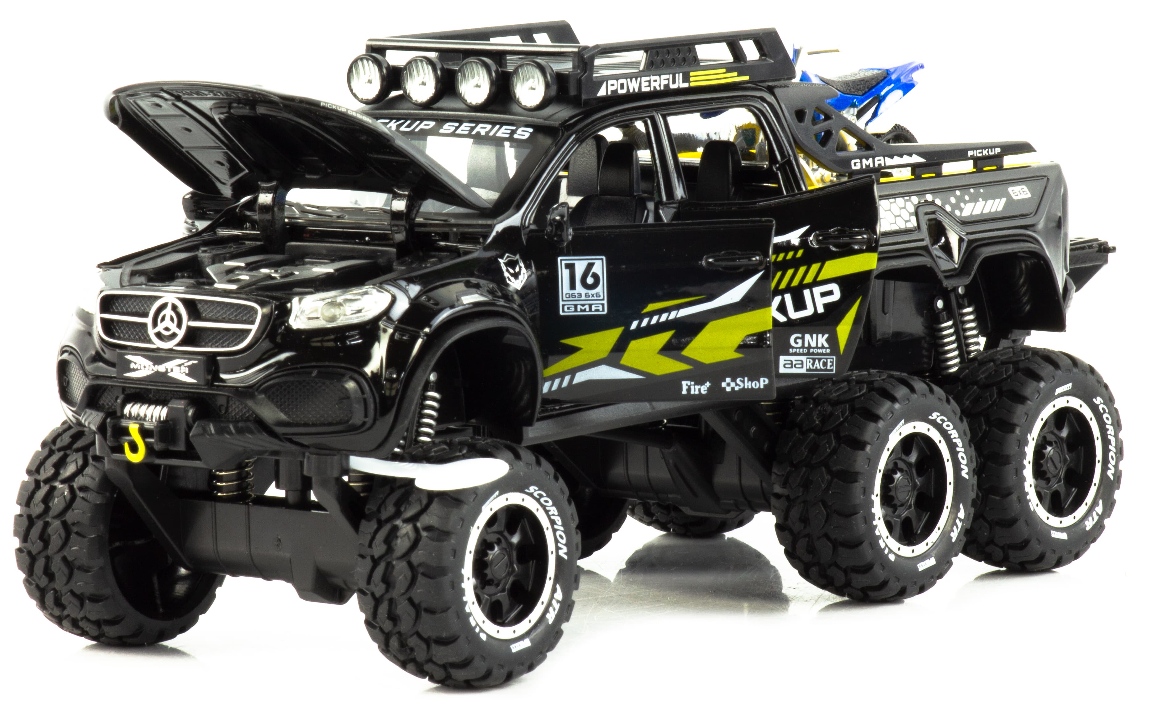 Металлическая машинка XHD 1:28 «Mercedes-Benz X-class 6x6 Off-Road с мотоциклом» B3207, 19 см. инерционная, свет, звук / Черный