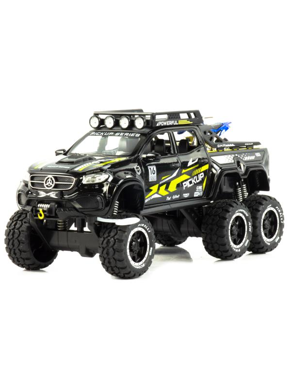 Металлическая машинка XHD 1:28 «Mercedes-Benz X-class 6x6 Off-Road с мотоциклом» B3207, 19 см. инерционная, свет, звук / Черный