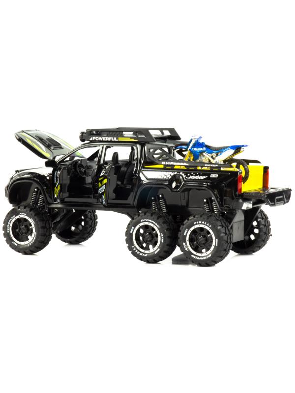 Металлическая машинка XHD 1:28 «Mercedes-Benz X-class 6x6 Off-Road с мотоциклом» B3207, 19 см. инерционная, свет, звук / Черный