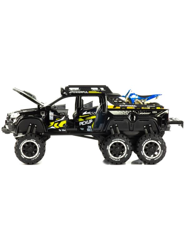 Металлическая машинка XHD 1:28 «Mercedes-Benz X-class 6x6 Off-Road с мотоциклом» B3207, 19 см. инерционная, свет, звук / Черный