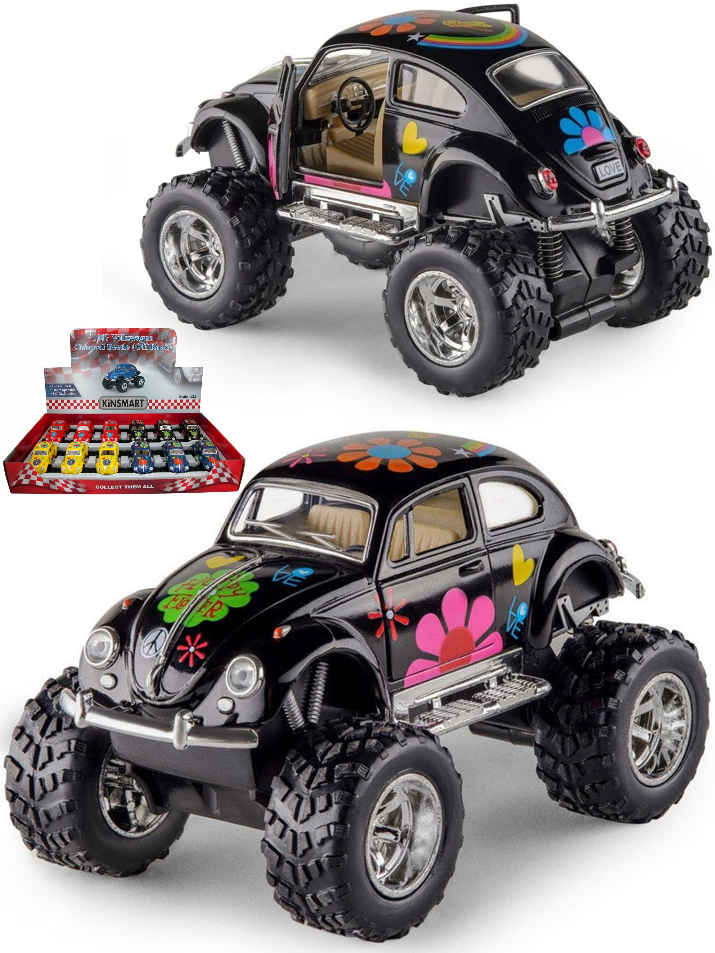 Металлическая машинка Kinsmart 1:32 «1967 Volkswagen Classical Beetle с принтом (Off Road)» KT5057DFB, инерционная / Черный