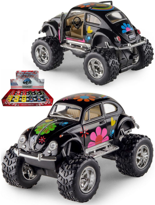 Металлическая машинка Kinsmart 1:32 «1967 Volkswagen Classical Beetle с принтом (Off Road)» KT5057DFB, инерционная / Черный