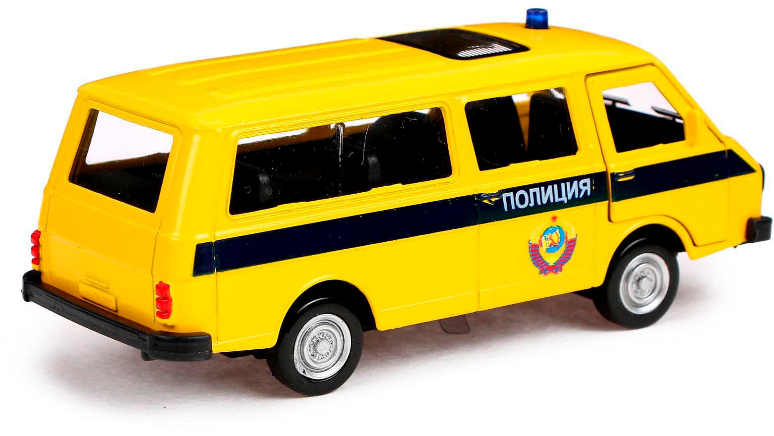 Металлическая машинка 1:32 «Микроавтобус РАФ-2203 Полиция ДПС» A1810R-12D, свет, звук, двери открываются / Желтый