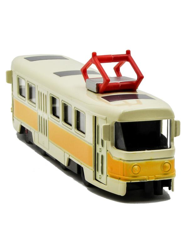 Металлический трамвай 1:87 «Tatra T3SU» XL80188-6L, 18,5 см., инерционный, звук, свет / Желтый