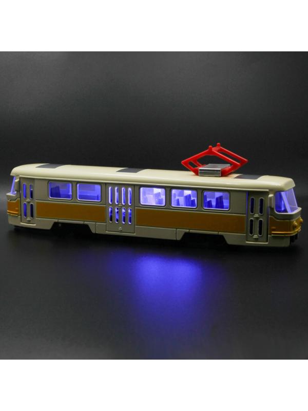Металлический трамвай 1:87 «Tatra T3SU» XL80188-6L, 18,5 см., инерционный, звук, свет / Желтый