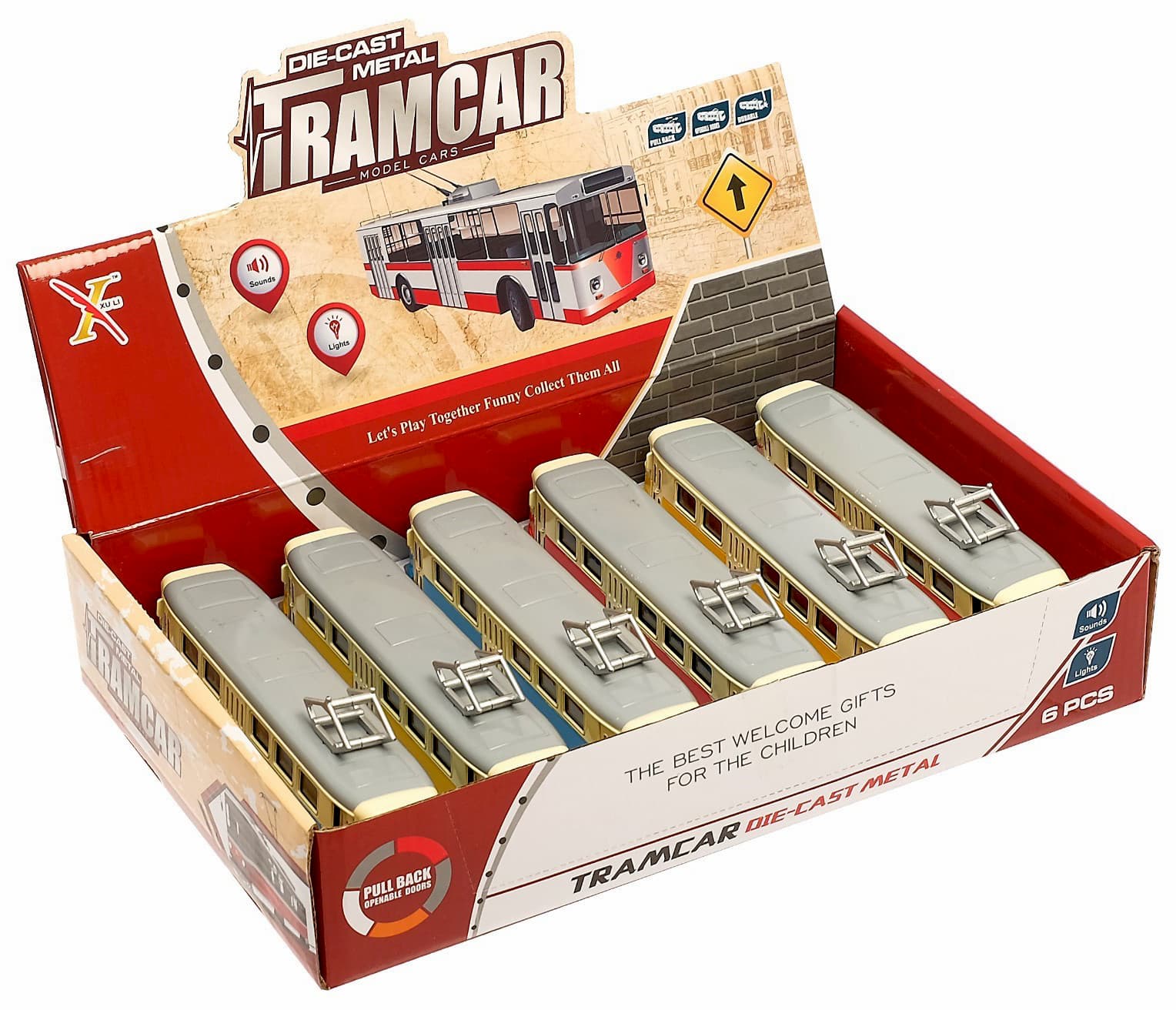 Металлический трамвай 1:87 «Tatra T3SU» XL80188-6L, 18,5 см., инерционный, звук, свет / Красный