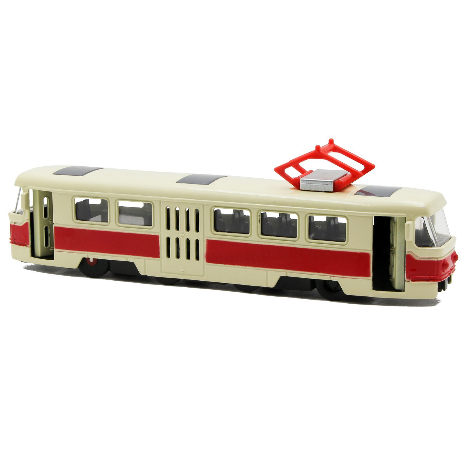 Металлический трамвай 1:87 «Tatra T3SU» XL80188-6L, 18,5 см., инерционный, звук, свет / Красный