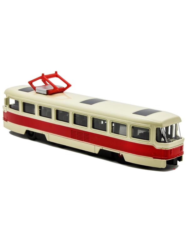 Металлический трамвай 1:87 «Tatra T3SU» XL80188-6L, 18,5 см., инерционный, звук, свет / Красный