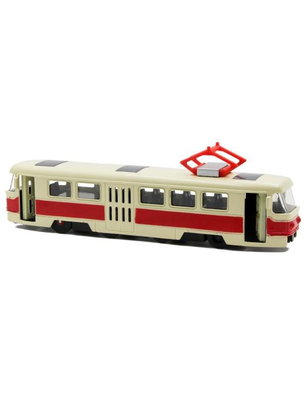 Металлический трамвай 1:87 «Tatra T3SU» XL80188-6L, 18,5 см., инерционный, звук, свет / Красный